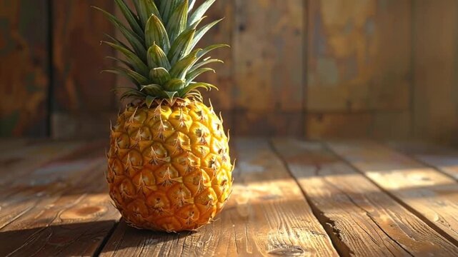 A ripe pineapple sits on a rustic wooden table, illuminated by warm sunlight, creating a vibrant still life.