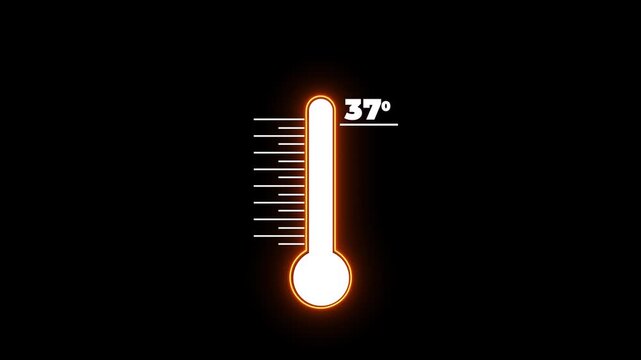 Neon Medical thermometer icon animation. Indicates weather temperature 37&deg;C. Thermometer equipment showing hot or cold weather. Weather forecast related animation.