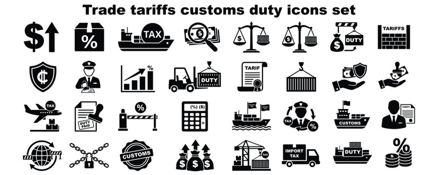 Comprehensive icon set illustrating various aspects of trade tariffs and customs duties