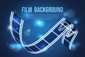 Fototapeta premium Vector cinema banner with curved filmstrip and flashing lights on blue background. Film background