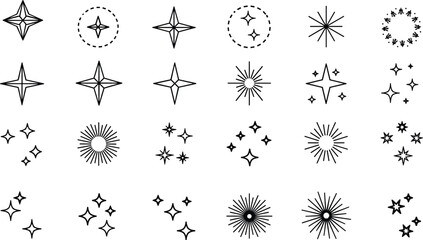 Sparkling star icons featuring minimalist line art, shining twinkles, glitter shapes, magic bursts, and glowing light effects for decorative vector illustration designs. © Nahl