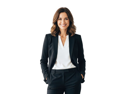 Professional woman in a tailored blazer and white shirt standing confidently with hands in pockets isolated on transparent background,png,PNG