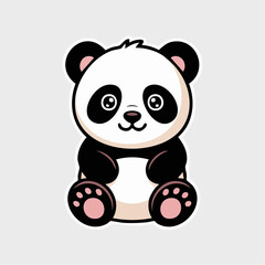 Fototapeta premium A cute cartoon panda bear illustration sits smiling on a plain background looking directly at the viewer with big eyes and pink ears and paw pads.