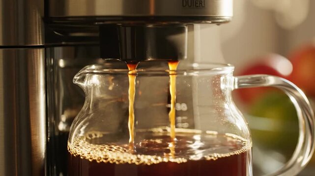 This video features a coffee maker brew close-up with drip motion during a morning routine, fresh coffee preparation concept, kitchen appliance branding visual, and cozy lifestyle aesthetic.