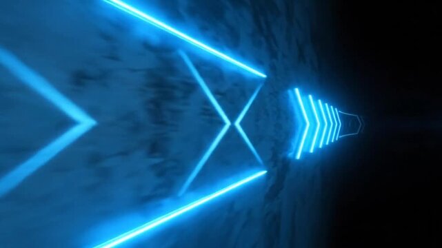 Abstract neon arrow tunnel with glowing blue lights, futuristic background.