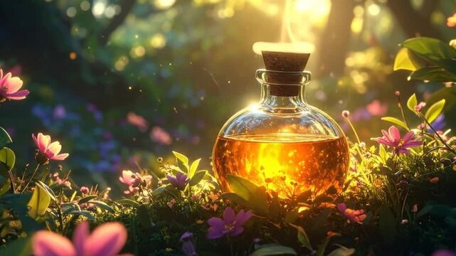 A magical potion bottle glows amidst a vibrant floral and forest background, radiating warmth.