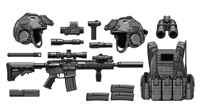 Military equipment display including weapons optics and tactical gear silhouette