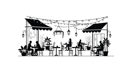 Fototapeta premium Outdoor cafe scene with tables umbrellas and string lights silhouette