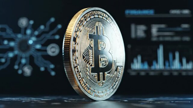 Video of Digital Gold Crypto Token Spin, virtual currency coin in dark studio environment, decentralized finance and trading concept backdrop.