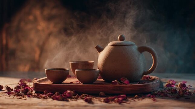 Steaming teapot and tea cups on a wooden tray with scattered rose petals in a warm, cozy setting with soft focus