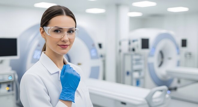Smiling female scientist in lab coat and safety glasses standing in a modern medical imaging facility with CT or MRI scanners.