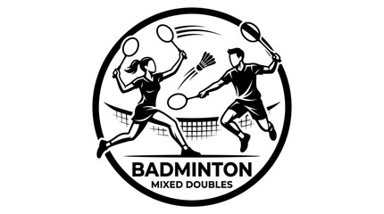 Fototapeta premium A black and white logo of a badminton club with male and female players