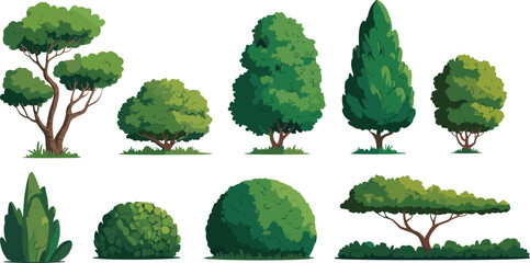 Various types of green trees and shrubs with different shapes and sizes on a white background nature © MSTAFRUZA