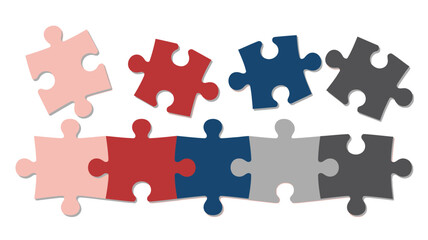 Naklejka premium A collection of interlocking puzzle pieces in various shades of red blue gray and pink are scattered across a white background high quality professional detailed modern