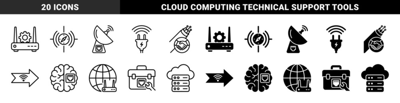 Hybrid network connectivity icons featuring router gear combinations satellite dish ethernet ports and cloud server data management symbols in dual styles