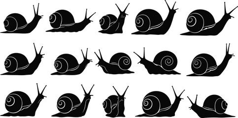 Fifteen black snail silhouettes, diverse shell spiral patterns, artistic vector illustration, creative animal design, unique antenna positions, biological inspiration, decorative graphic collection © MdShahadot