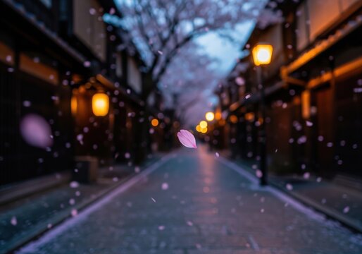 Atmospheric Night View Of A Traditional Gion District Street In Kyoto With Lanterns And Falling Sakura