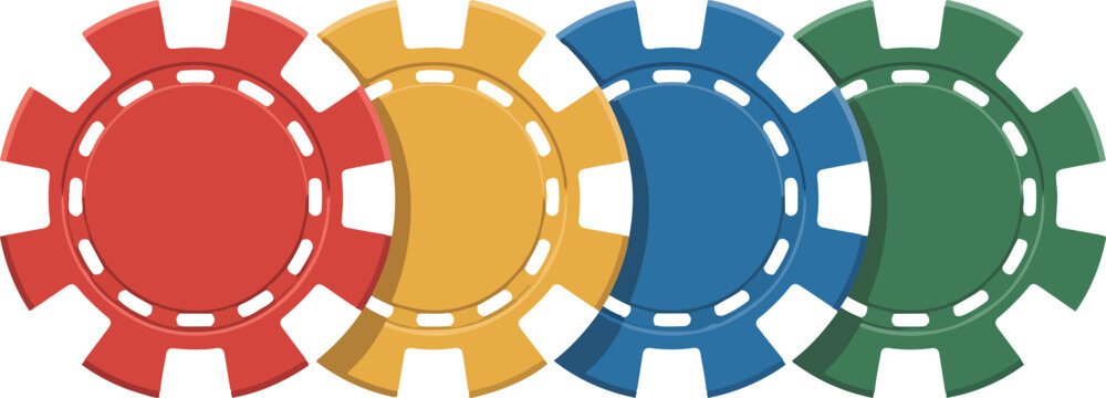 Set of four colorful casino poker chips in red, yellow, blue, and green, arranged horizontally on white background