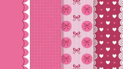 A collection of pink patterned backgrounds features scallops checks bows and hearts creating a decorative and whimsical aesthetic high quality professional detailed modern elegant stylish clean