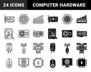 Fototapeta premium Hybrid computer hardware and data processing icons featuring liquid cooling capacitor and secure encrypted processor with fiber optic network connectivity
