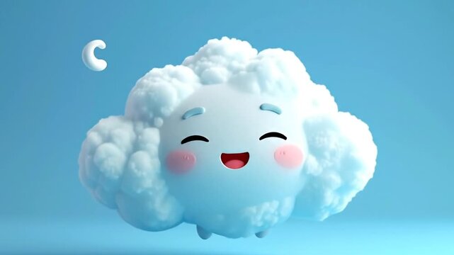 A cheerful cartoon cloud character with a smiling face and rosy cheeks, set against a soft blue background.