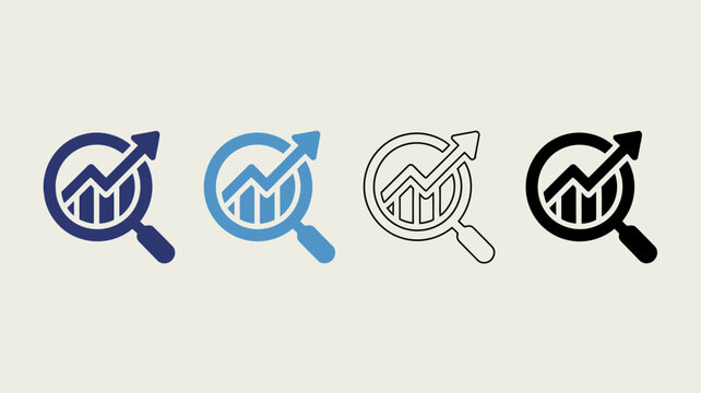 Four variations of a magnifying glass over a bar graph icon are displayed showing different color schemes and outlines high quality professional detailed modern elegant stylish