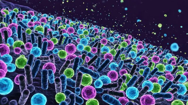 Oral microbial ecosystem concept rendered in a darker, high-contrast microscopic environment, luminous spherical and rod-shaped bacteria forming dense colorful clusters against a deep indigo
