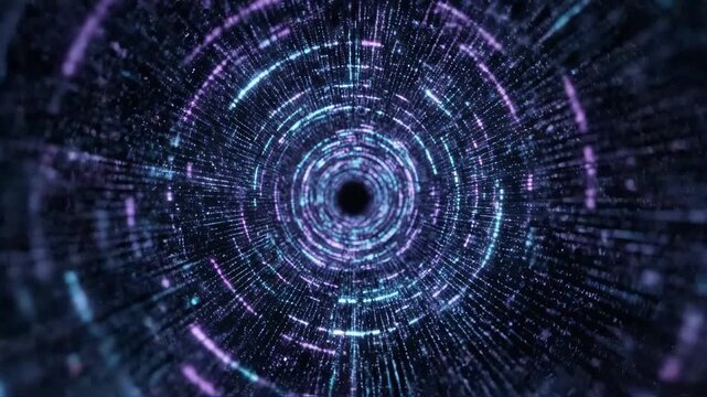 Video of abstract galactic information tunnel shaped as a swirling digital spiral, innovation and network technology theme for media and advertising visuals with radiant lines and micro particles