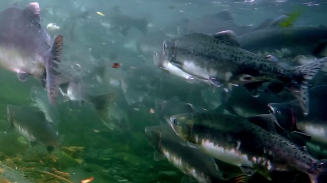 A multitude of Salmon surge through the murky river. They are on their incredible journey upstream, back to their spawning grounds in Alaska. It is a miraculous migration.