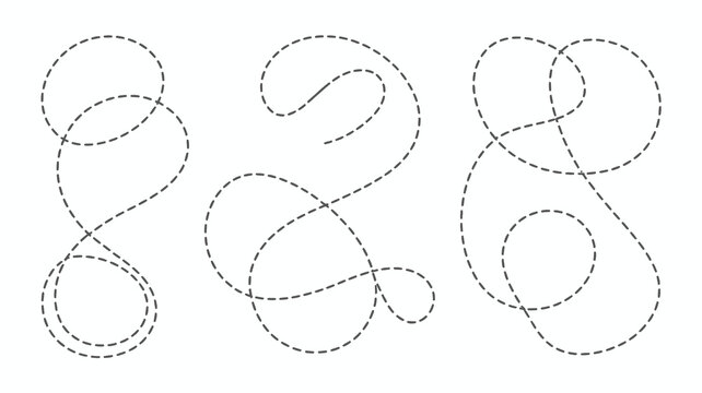 This image displays three separate abstract line drawings resembling cursive letters or swirling loops all created with dashed lines high quality professional detailed modern elegant stylish