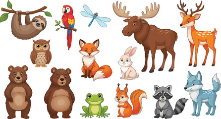 Fototapeta premium Forest animals collection bear fox deer moose raccoon owl rabbit frog parrot cartoon wildlife flat vector illustration set