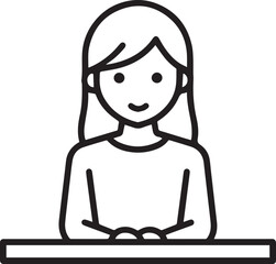 Obraz premium Hand Drawn Woman Sitting at Desk Black and White Avatar Illustration in Minimal Line Art Style Design