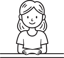 Obraz premium Hand Drawn Woman Sitting at Desk Black and White Avatar Illustration in Minimal Line Art Style Design