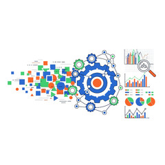 Obraz premium Data Analytics Machine Learning Concept: Gear, Charts, Network, Transformation