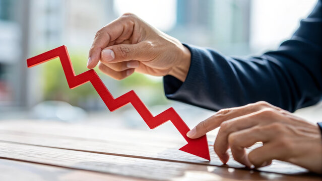 Close up hand holding red decline arrow business downturn financial crisis economic loss negative trend stress risk wooden table office background