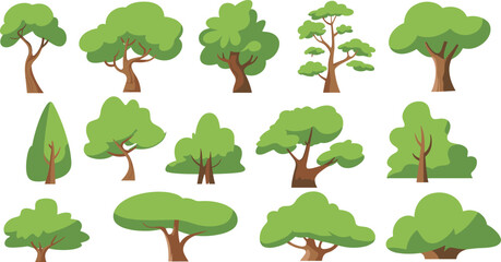 Collection of various green trees with brown trunks on a white background leaves © MstFeroja