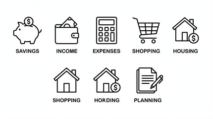 Collection of essential financial management icons representing key concepts like savings income expenses shopping housing hoarding and careful planning © yusraa_designz