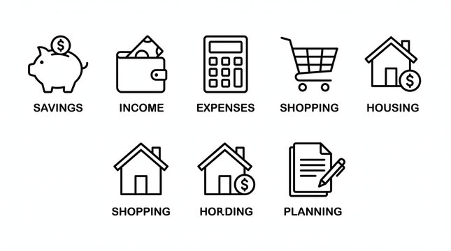 Collection of essential financial management icons representing key concepts like savings income expenses shopping housing hoarding and careful planning