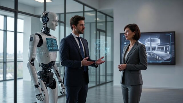 Business Professionals Consulting with Advanced Humanoid Robot in Office