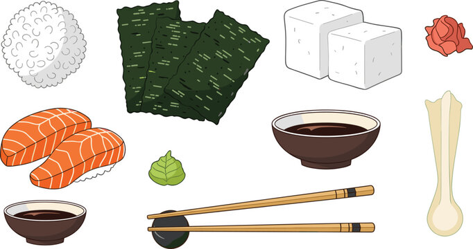 Sushi preparation ingredients vector set with rice, nori seaweed, tofu, salmon, soy sauce, chopsticks and ginger for Japanese cuisine illustration