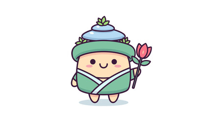 Fototapeta premium A cute cartoon character wearing a traditional green robe and a stack of blue bowls on its head Vector