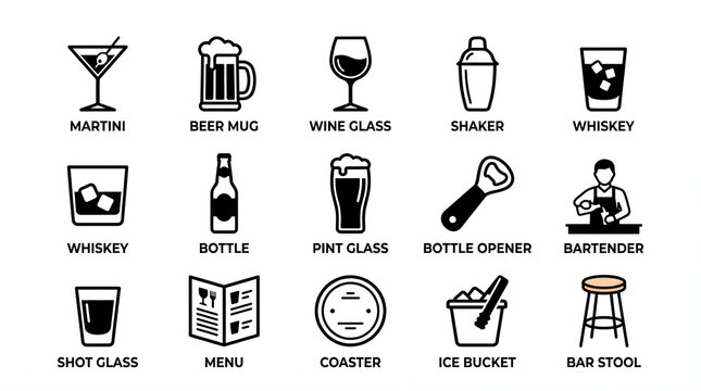 Comprehensive collection of bar related icons featuring various essential drinkware, tools, and accessories perfect for illustrating nightlife, beverage service, and cocktail menus.