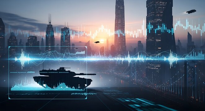 Military tank in a sci-fi city with glowing stock market graphs and oil price trends. Advanced technology in global finance.