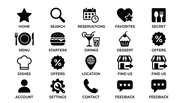 A versatile set of food and restaurant related user interface icons for mobile applications and responsive websites, designed to provide intuitive navigation and essential functions