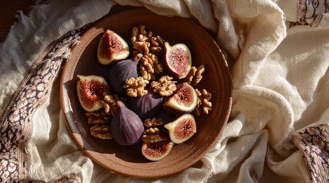 Overhead view of a wooden bowl filled with sliced figs and walnuts on a beige cloth with a patterned border