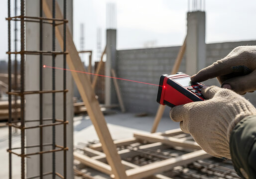 Worker measuring distance with laser meter outdoors