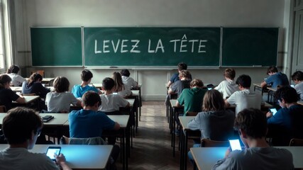 Fototapeta premium Students in Classroom Using Smartphones with French Chalkboard Message