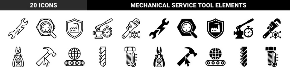 Fototapeta premium Industrial Engineering and Technical Service Icons Featuring Hybrid Tool Concepts Like Bolt Thermometer and Wrench Lightning Bolt Symbols