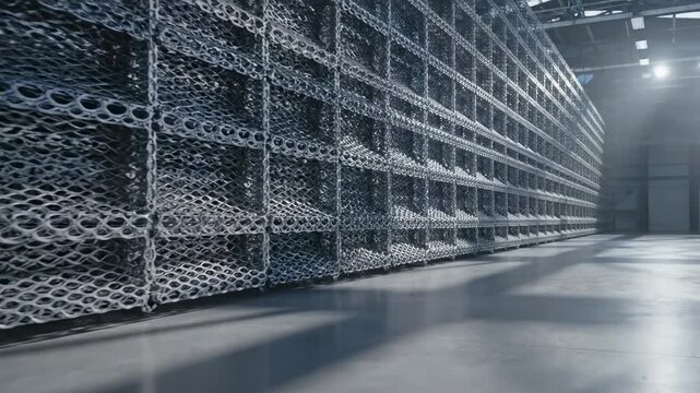 Industrial lattice backdrop inspired by metal grid surface, expansive wall of interlocking metallic mesh panels stretching into perspective, soft overhead factory-style lighting casting rhythmic