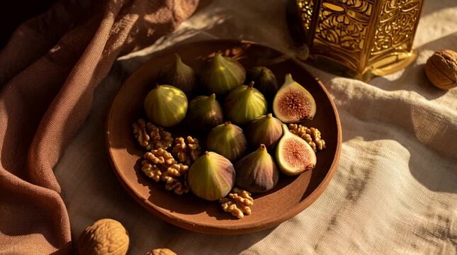 Overhead view of a clay plate filled with green figs, walnuts on a beige fabric with a warm, earthy-toned still life composition